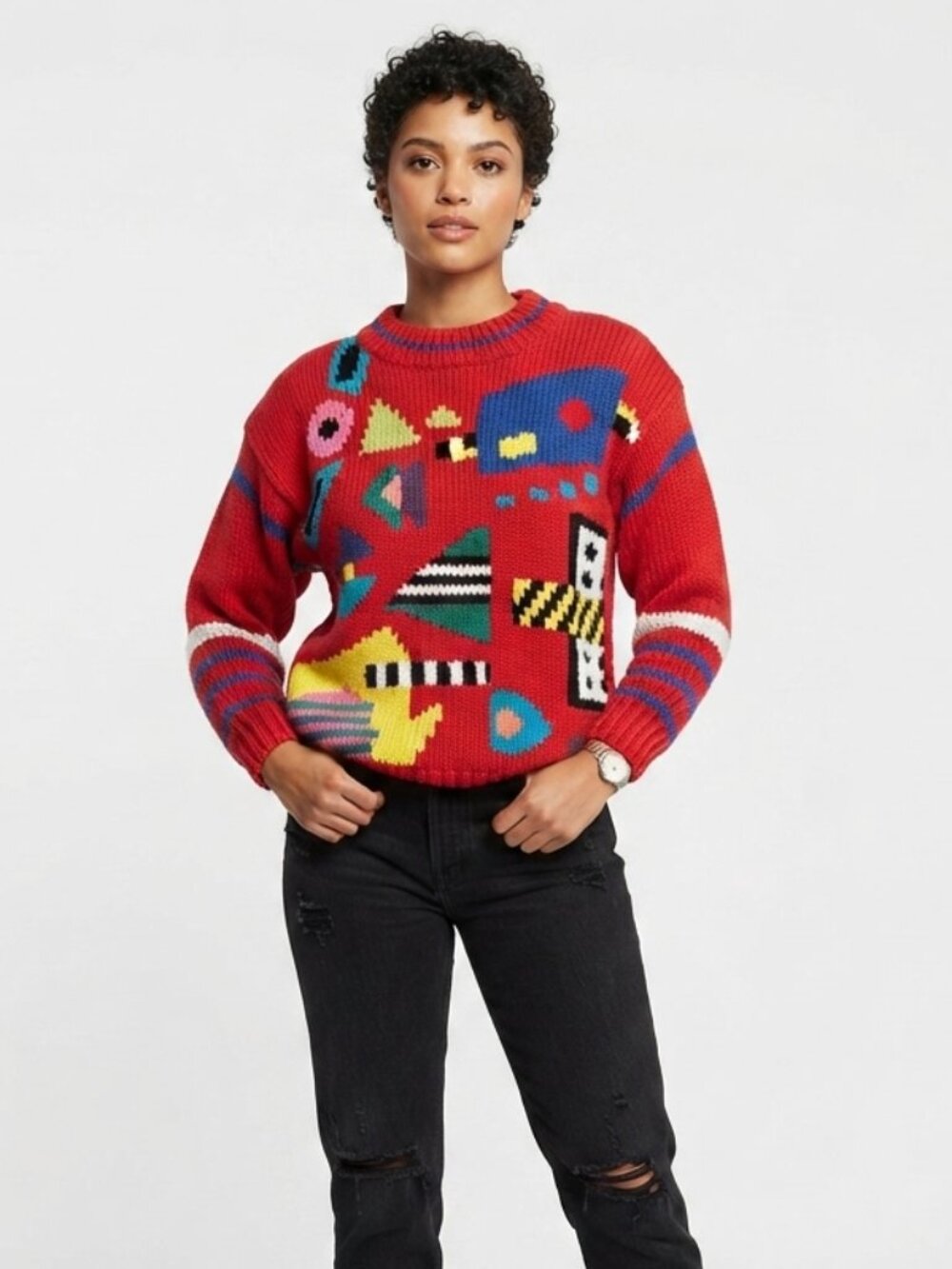 Vintage 80s One Step Up L Hand Knit Abstract Funky Kitsch Sweater Red Kidcore